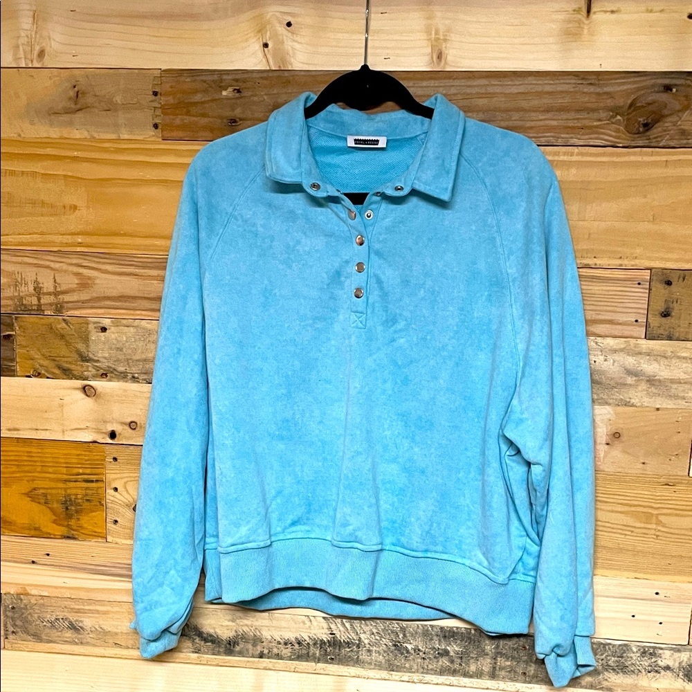 Royal + Reese size XL Blue Terrycloth Scuba Button-Up Collared Sweatshirt